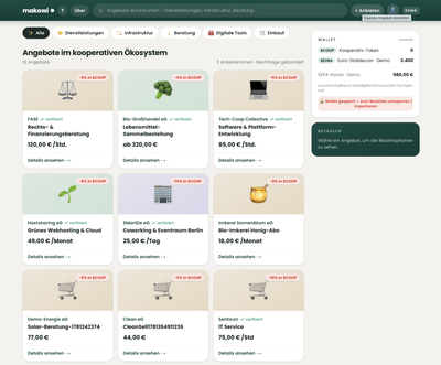 Screenshot der MAKOWI-Marktplatz-Demo: Angebote im kooperativen Ökosystem mit Kategorien, Preisen und Wallet ($COOP, $EURe, SEPA)